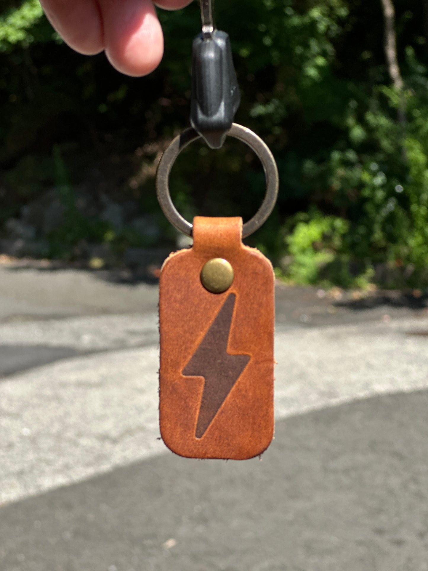 A&J Cycles Bolt Leather Keychain - Brown