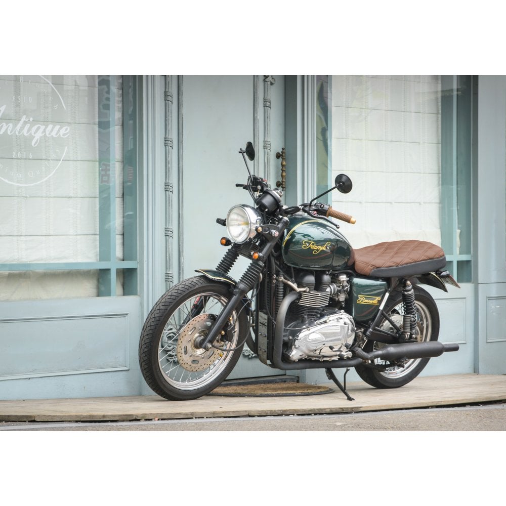 Motone Dual Comfort Seat - Diamond Back - Black and Brown - Air Cooled Triumph Bonneville, Thruxton, Scrambler