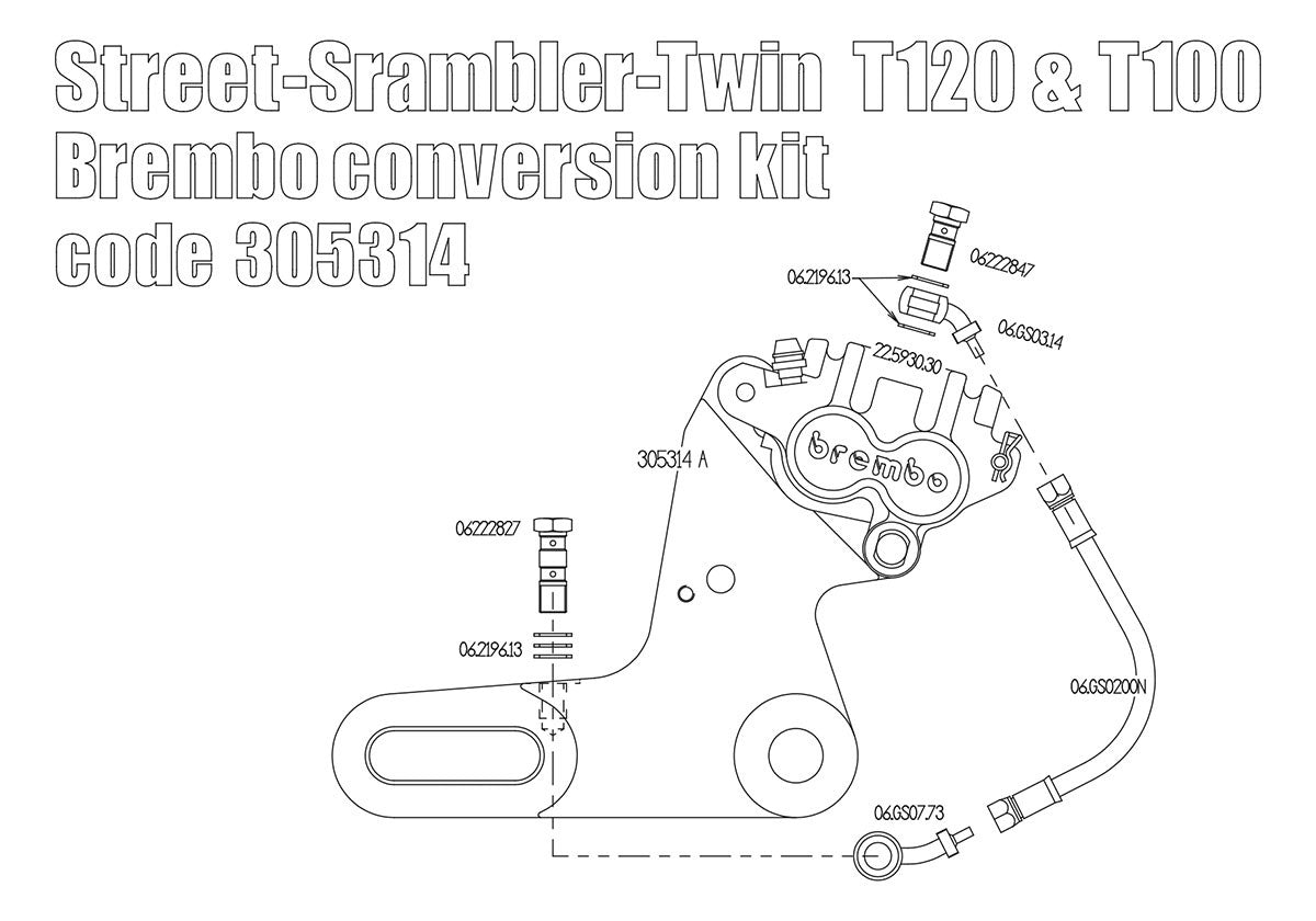 Free Spirits Brembo Rear Brake Caliper with Relocated Bracket - Triumph Street Twin, Street Scrambler, T100, T120, Street Cup