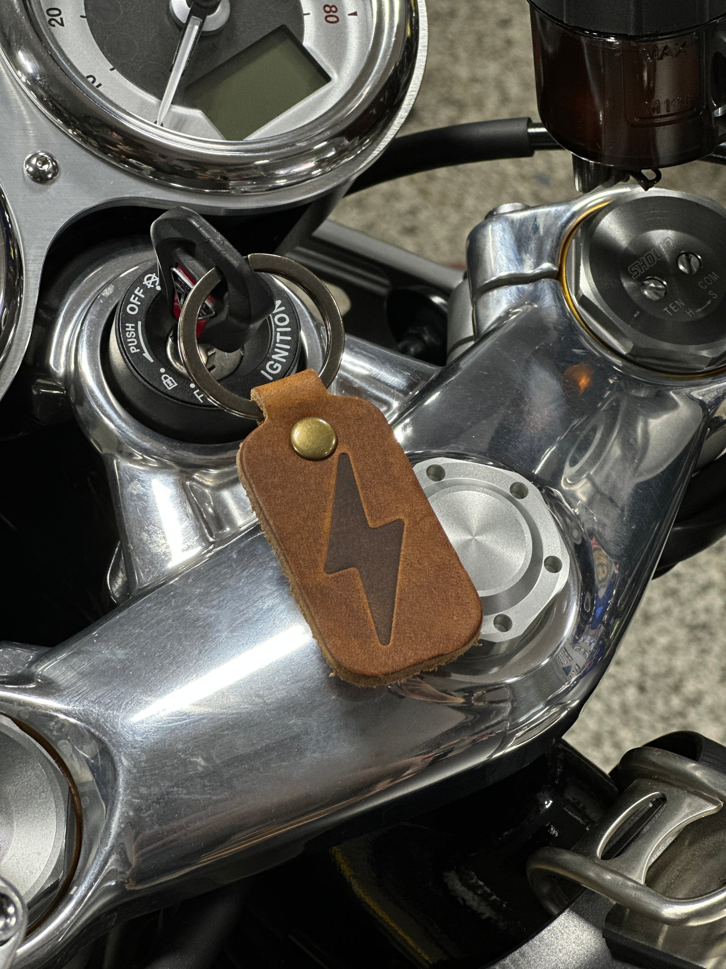 A&J Cycles Bolt Leather Keychain - Brown