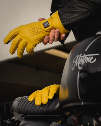Motone Forno Heated Motorcycle Goatskin Leather Riding Gloves - Yellow
