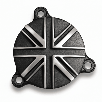 Motone Royal Enfield 350 Oil Filter Cover - Union Jack - Black with Silver fins