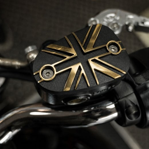Motone Cast Brake Fluid Reservoir Master Cylinder Cap - Union Jack - Black w/ Brass - Triumph Classics
