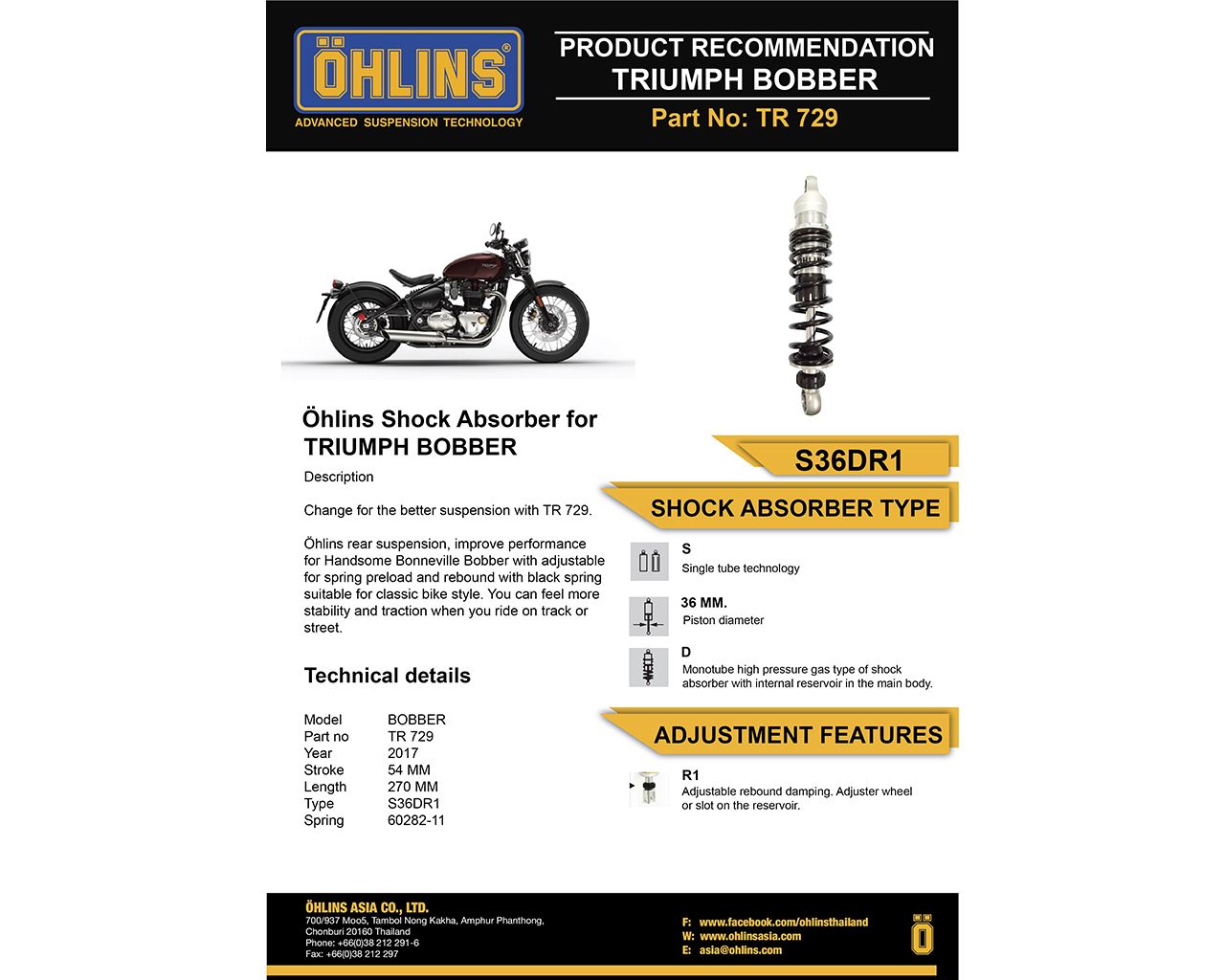 Ohlins TR 729 Rear Shock - Triumph Bobber, Bobber Black
