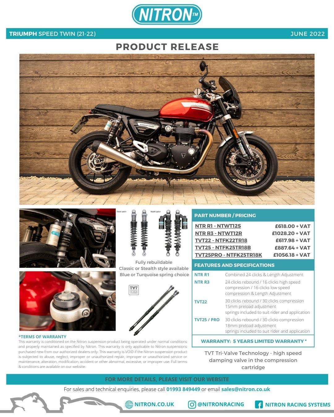 Nitron TVT Cartridge Kit - 2021+ Triumph Speed Twin 1200