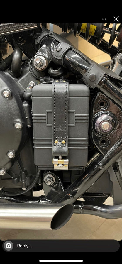 Motone The Beltane - Bobber/Speedmaster Battery Strap - Black Leather & Brass